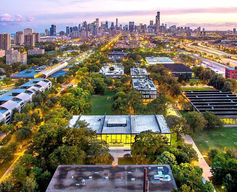 Aerial photo of campus looking toward downtown Chicago.